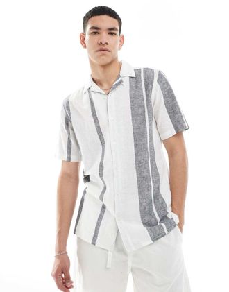 Only & Sons Only & Sons revere collar linen mix shirt in navy stripe