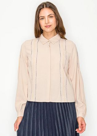 YAL New York Beige Button Blouse with Embroidered Stitching