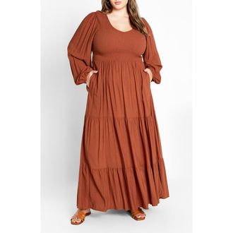 City Chic Leona Tiered Long Sleeve Maxi Dress in Toffee at Nordstrom, Size Xxs