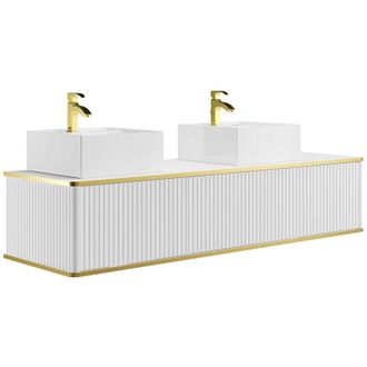 Vente-Unique Mobile bagno sospeso con scanalature con profilo dorato 2 cassetti con doppio lavabo dappoggio quadrato - Bianco - 150 cm - KELIZA