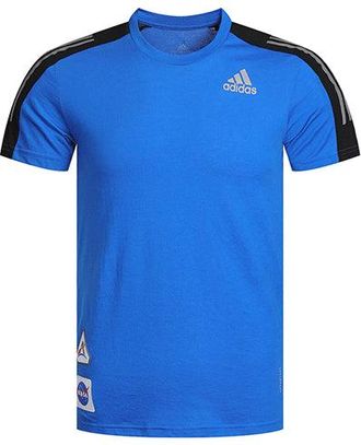 adidas Logo Printing Contrasting Colors Shoulder Round Neck Short Sleeve Blue GP5804