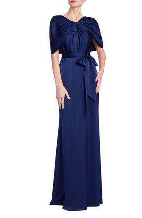 Badgley Mischka Drape Back Hammer Satin Gown in Navy at Nordstrom, Size 10