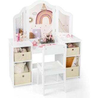 Costway Costway - Tocador De Maquillaje Ni&ntilde;a Con Silla, 2 En 1 Mesa De Maquillaje Con Espejo Plegable Y Removible, 4 Contenedores De Almacenamiento, Mesa Toca