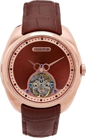 Heritor Roman Semi-Skeleton Leather-Band Watch - Rose Gold/Light Brown