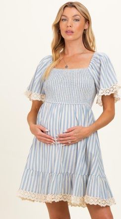 Pinkblush Striped Smocked Lace Trim Dress in Light Blue at Nordstrom, Size X-Large