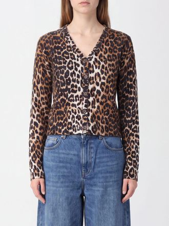 Ganni Cardigan cropped in lana merino con stampa animalier e scollo a V