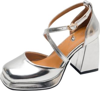 Generic Women Platform Pumps Metallic Fabric Square Toe Chunky Heel Cross Ankle Strap Crystal Charm Open Back Non Slip Durable Comfortable Dress Party Shoes,S