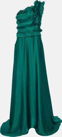 Carolina Herrera Green Silk Ruffled One Shoulder Gown