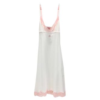 Blumarine White & Pink Leavers Lace Slip Dress Size M