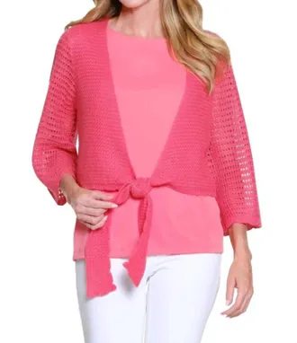 Multiples 3/4 Sleeve Tie Front Waist Sweater Cardigan In Coral Pink