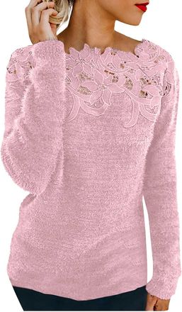 Generic HUIFUAO Lace Cashmere Jumpers Ladies Plus Size Velvet Sweaters for Women UK Long Sleeve Elegant Sexy Womens Sweatshirts and Pullover (Pink 1, XXXXXL)