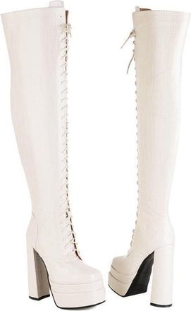 Generic Fashion Womens Gold Snake Print Over-The-Knee Boots, Chunky Block Heel & Square Toe, Side Zipper Winter Thigh High Boots for Women(Beige,4.5 UK)