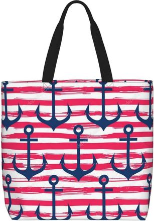Generic Women Handbag Anchor And Red Stripes Ladies Shopping Shoulder Bag Reusable Retro Crossbody Bags, For Gym, Work, Daily, Christmas, Swim
