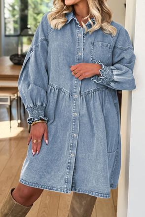 Azura Exchange Womens Denim Shirt Dress Ruffle Cuffs - Light Grey Cotton - Size Small