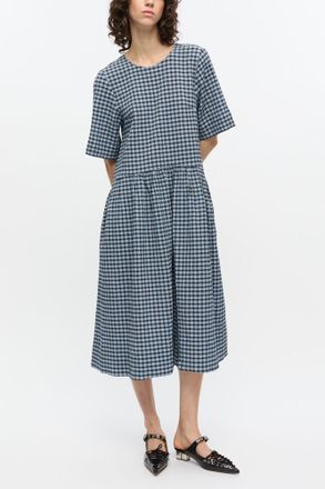 Ganni Blue Seersucker Check Midi Dress