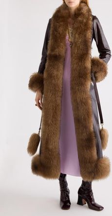 Chlo&eacute; Leather & Genuine Shearling Long Column Coat in Abyssal Brown at Nordstrom, Size 36