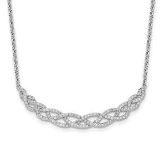 Diamond2Deal Sterling Silver Polished Woven Cubic Zirconia Curved Bar Necklace