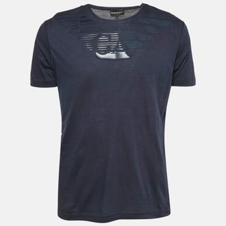 Emporio Armani Logo Print Navy Blue Cotton Round Neck T-Shirt