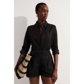 Karen Millen Linen Blend Long Sleeve Shirt in Black at Nordstrom, Size 10