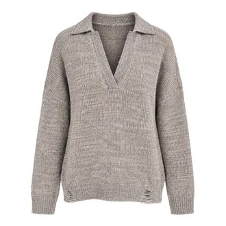 Akep Gedestructureerd Poloshirt met Lange Mouwen - Dames - Truien - Beige - Maat: L Zijde