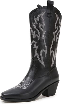 Generic Womens Square Toe PU Leather Mid-Calf Boots Block Heel Cowgirl Boots with Embroidery Stitched Pull on Platform Boot,Black,2.5 UK