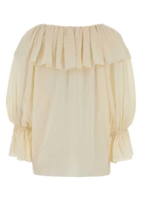 Chlo&eacute; Womens Ruffled Off-Shoulder Silk Blouse Cream Sweater