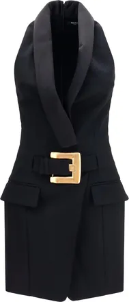 Balmain Womens Dress Grain De Poudre Belted Black Black-Black Merino Wool Black/black