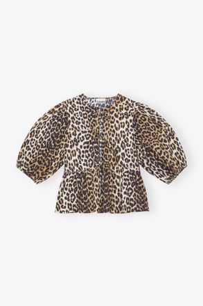Ganni Mixed Leopard Cotton Poplin Peplum Tie Blouse - Size 32 Organic