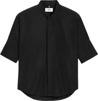 Ami Short Sleeve Shirts, male, Black, XS, Mandarin Collar Poplin Shirt Black