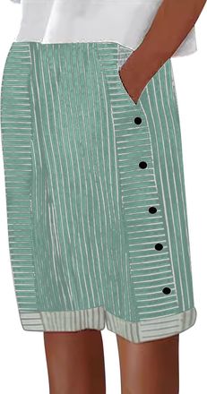 Generic Cotton Linen Shorts for Women UK Elasticated Waist Shorts Striped Check Tartan Knee Length Short with Pockets Side Button Loose Summer Casual Beach Pa