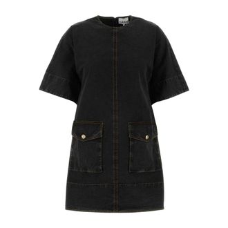 Ganni Shirt Dresses, female, Black, Size: 2XS Washed Stretch Cotton Kimono Mini Dress
