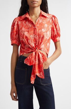 Cinq &agrave; Sept Abena Floral Puff Sleeve Tie Front Button-Up Shirt in Bisou Multi at Nordstrom, Size X-Large