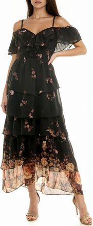 Socialite Floral Cold Shoulder Tiered Maxi Dress in Black Yellow Taupe at Nordstrom, Size X-Small