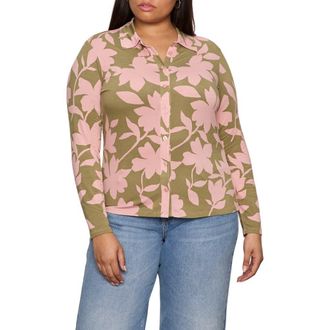 Sanctuary Dreamer Floral Knit Button-Up Shirt in Pink Silhouette at Nordstrom, Size 3 X