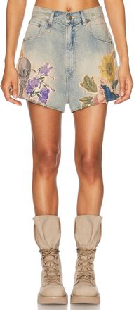 R13 Pre-Loved Venti Japanese Fabric-Relaxed Baggy Short In Applique Denim