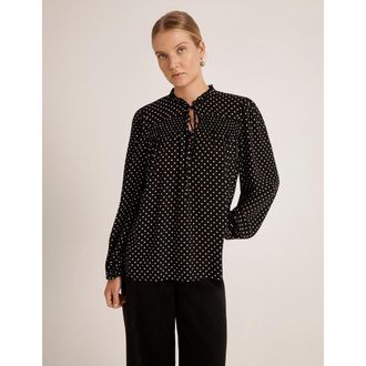 Finery Kiya Polka Dot Tie Neck Blouse in Black Spot at Nordstrom, Size 20