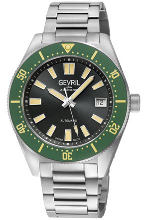 Gevril Group Mens Mariner Row Automatic, SS Case, Green Ceramic Bezel, Black Dial, 316L Stainless Steel Satin Bracelet Watch - Silver - One Size