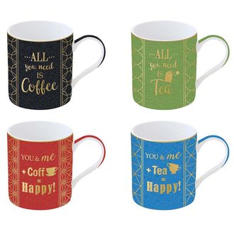 Easy Life Set 4 Mug 350 ml in porcelain c.b. 4 decorations ass. GLITTER & COLOR COFFEE AND TEA