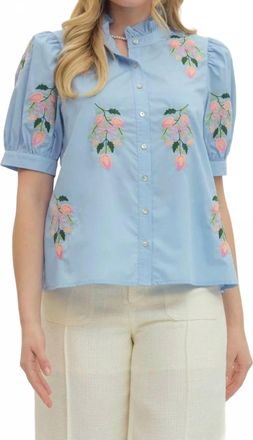 Entro Short Sleeve Embroidered Blouse In Blue