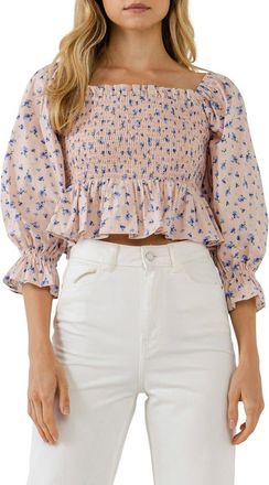 English Factory Floral Print Smocked Ruffle Top in Blush at Nordstrom, Size Medium