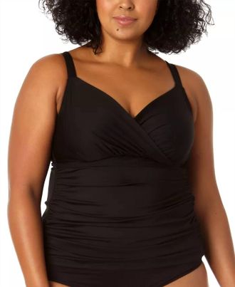 Anne Cole Surplice Neck Rushed Tankini Top In Black