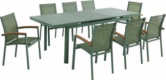Vente-Unique Comedor de jard&iacute;n de aluminio: una mesa extensible 180/240 cm y 8 sillones apilables con brazos acacia - verde almendra - NAURU