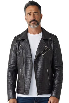 Infinity Leather Mens Black Cow Leather Alligator Print Embossed Biker Jacket - Cologne