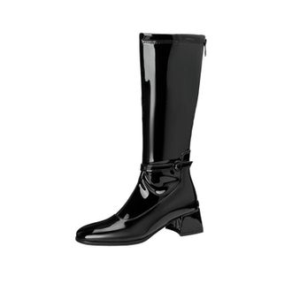 Generic Womens Knee High Riding Boots with Square Toe & Buckle Strap,Autumn and Winter Elegant Style,Black,7.5 UK