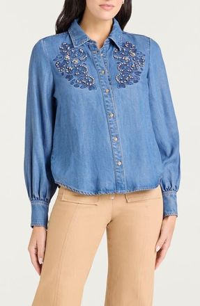 Cinq à Sept Rhinestone Embeliished Denim Button-Up Shirt in Ciel at Nordstrom, Size Xx-Small