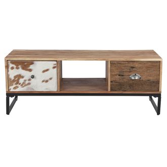 WOMO-DESIGN Womo-design - Mesa De Sal&oacute;n Taipei Con 2 Cajones, 110x50x40cm Madera Maciza De Acacia Y Madera De Umbral Patas De Metal Mesita Soporte Consola Tv Auxi