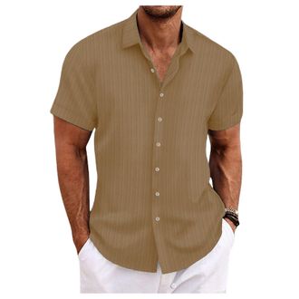 Generic Mens Casual Shirt Solid Color Striped Jacquard Shirts Button Down Short-Sleeved Loose Tops Khaki