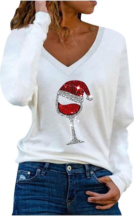 Generic Womens Christmas Jumpers Novelty Blouses Xmas Wine Glass Sweatshirt V Neck Pullover Long Sleeve Tops Loose Fit Blouse Christmas Tree Jumper Casual Swe
