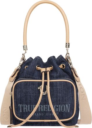 True Religion Bryce Denim & PU Bucket Bag - Womens Designer Drawstring Bucket Handbag with Crossbody Strap (Dark Denim)