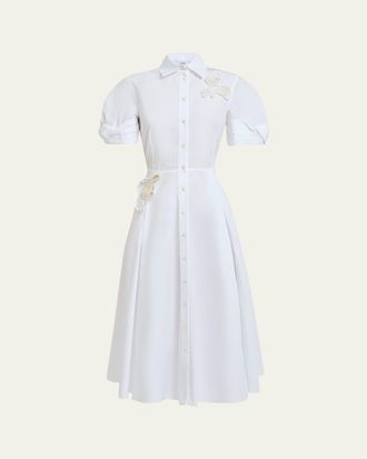 Erdem Pleated Floral Applique Cotton Midi Shirtdress